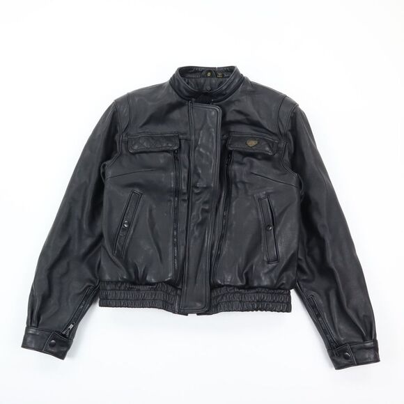 First Gear Women's Cafe Racer Black Leather Motorcycle Jacket Full Zip M Medium - Picture 1 of 10